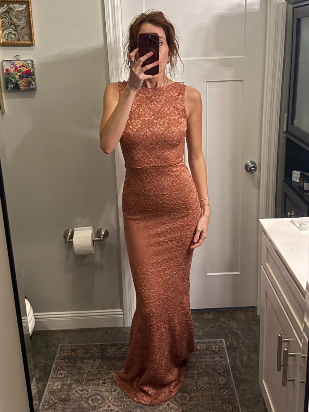 Windsor Copper Glitter Lace Mermaid Gown Open Back Formal Dress // S